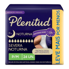 Pacote de fraldas geriátricas Plenitud Noturna, com 24 unidades, destacando a proteção para até 12 horas e tecnologia anti vazamento.