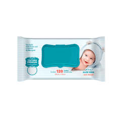Embalagem de toalhas umedecidas Marigold Baby com 120 unidades, contendo aloe vera e sem álcool, ideal para bebês.