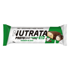 Barra de Proteína Protobar da Nutrata sabor bombom de coco, 70g, com 19g de proteína.