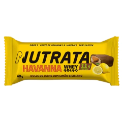 Barras de proteína Whey Grego da Nutrata, sabor doce de leite com limão siciliano, embalagem amarela de 40g.
