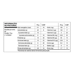 Tabela nutricional da Barra de Proteína Protobar (70g) da Nutrata, mostrando valores de calorias, proteínas, carboidratos e vitaminas.