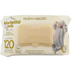Embalagem de toalhas umedecidas Marigold Baby Sensitive para recém-nascidos, contendo 120 unidades, medidas 20cm x 15cm.