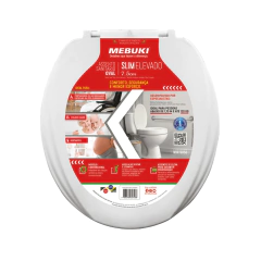 Assento sanitário elevado oval com tampa de 7,5 cm da marca Mebuki, ideal para pessoas com dificuldades de mobilidade.