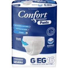 Pacote de 16 unidades de fraldas geriátricas Confort Master Pants, tamanho G/EG, com características de uso diurno e noturno, controle de odor e ajuste unissex.