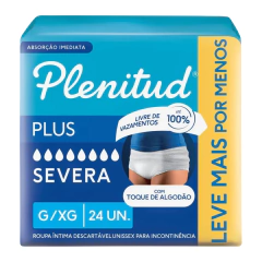 Pacote de fraldas geriátricas Plenitud Plus com 24 unidades, destacando a absorção imediata e livre de vazamentos.

