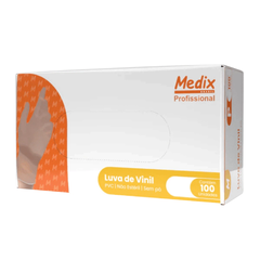 Luva de vinil sem pó em embalagem com 100 unidades da marca Medix

