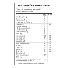 Tabela de informações nutricionais do Colágeno VERISOL® com Ácido Hialurônico, mostrando valores por porção de 23g.