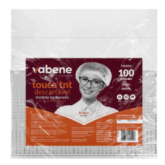 Pacote de 100 toucas descartáveis da marca Vabene, modelo sanfonado, com fundo branco e destaque para a embalagem.