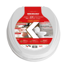 Assento sanitário elevado oval almofadado de 7,5 cm da marca Mebuki, embalagem com informações sobre conforto, segurança e indicação para pessoas com necessidades especiais, idosos e gestantes