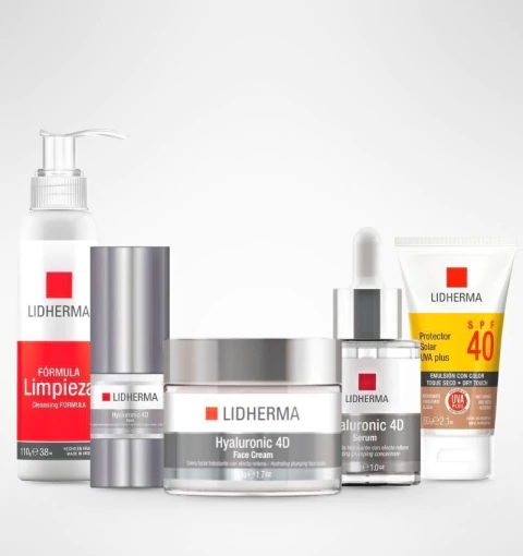 Combo de productos Lidherma Hyaluronic 4D, incluye crema facial, serum, protector solar SPF 40, limpiador facial y crema de ojos, ideal para hidratación y cuidado antiage.