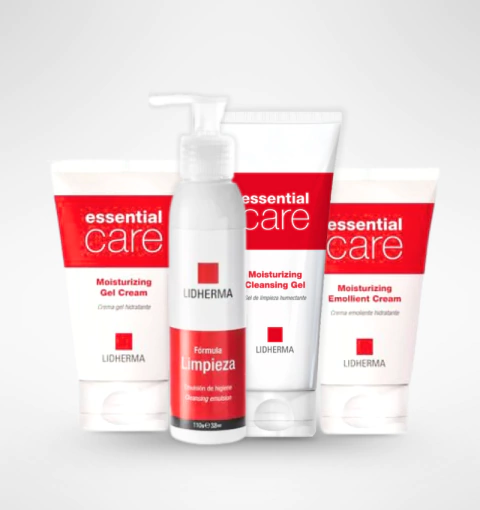 Combo Essential Care de Lidherma con productos de limpieza e hidratación facial, incluyendo geles y cremas en envases blancos y rojos.
