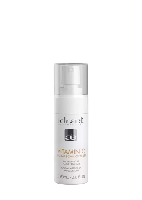 Envase de espuma micelar de limpieza facial con vitamina C de la marca Idraet, presentación de 60 ml.