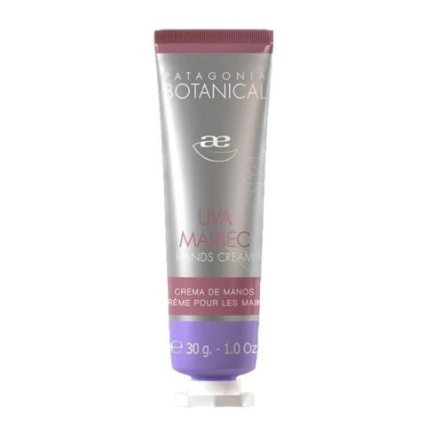 Crema de manos regeneradora Uva Malbec Patagonia Botanical de 30g, envase plateado y violeta, marca Idraet.