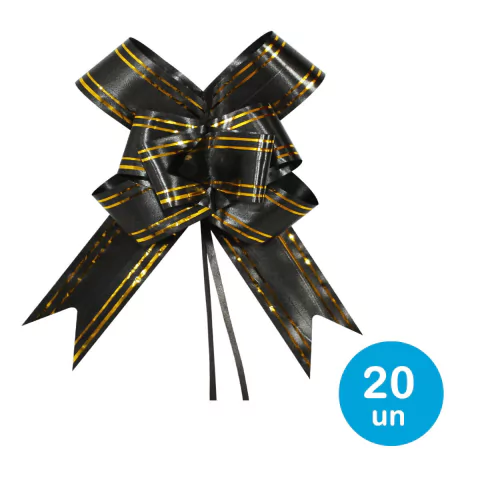 Laço fácil p/ presentes 34cm - preto c/ dourado 20un