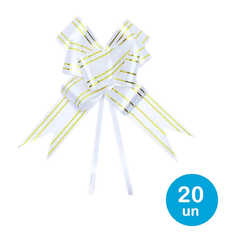 Laço fácil p/ presentes 20cm - Branco c/ dourado 20un