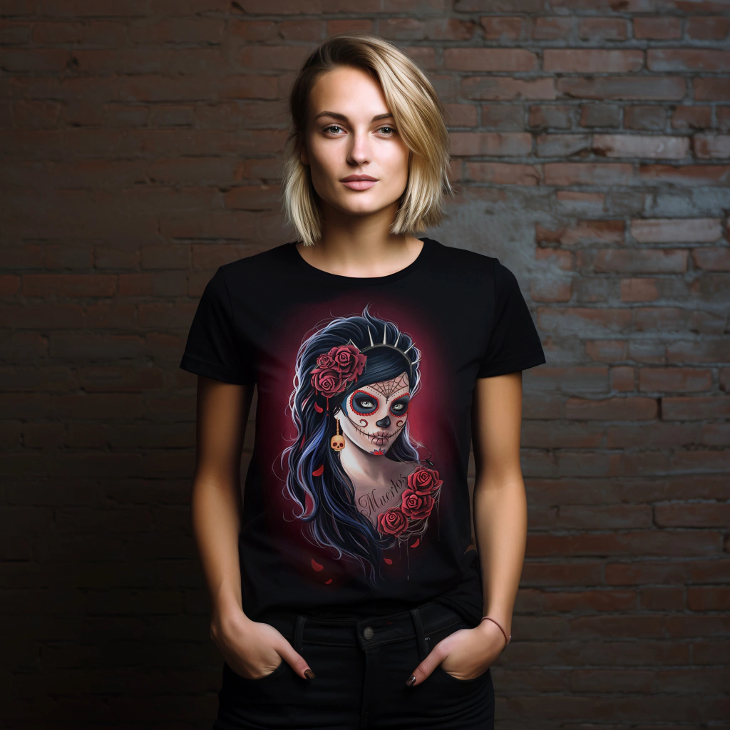 Camiseta Baby Look Feminina catrina mortos mexicana rosas