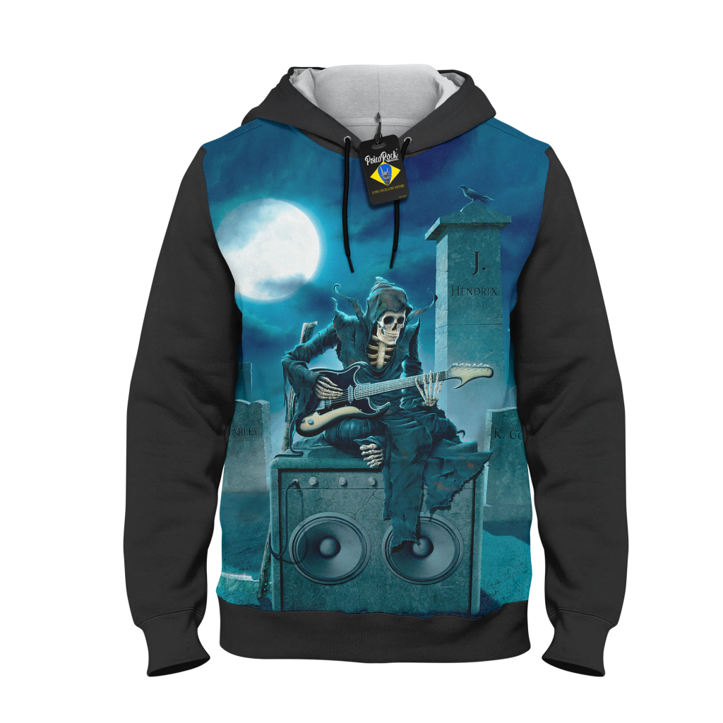 Blusa Moletom unissex morte ceifeiro guitarra cemitério Jimi Hendrix Kurt Cobain BoB Marley