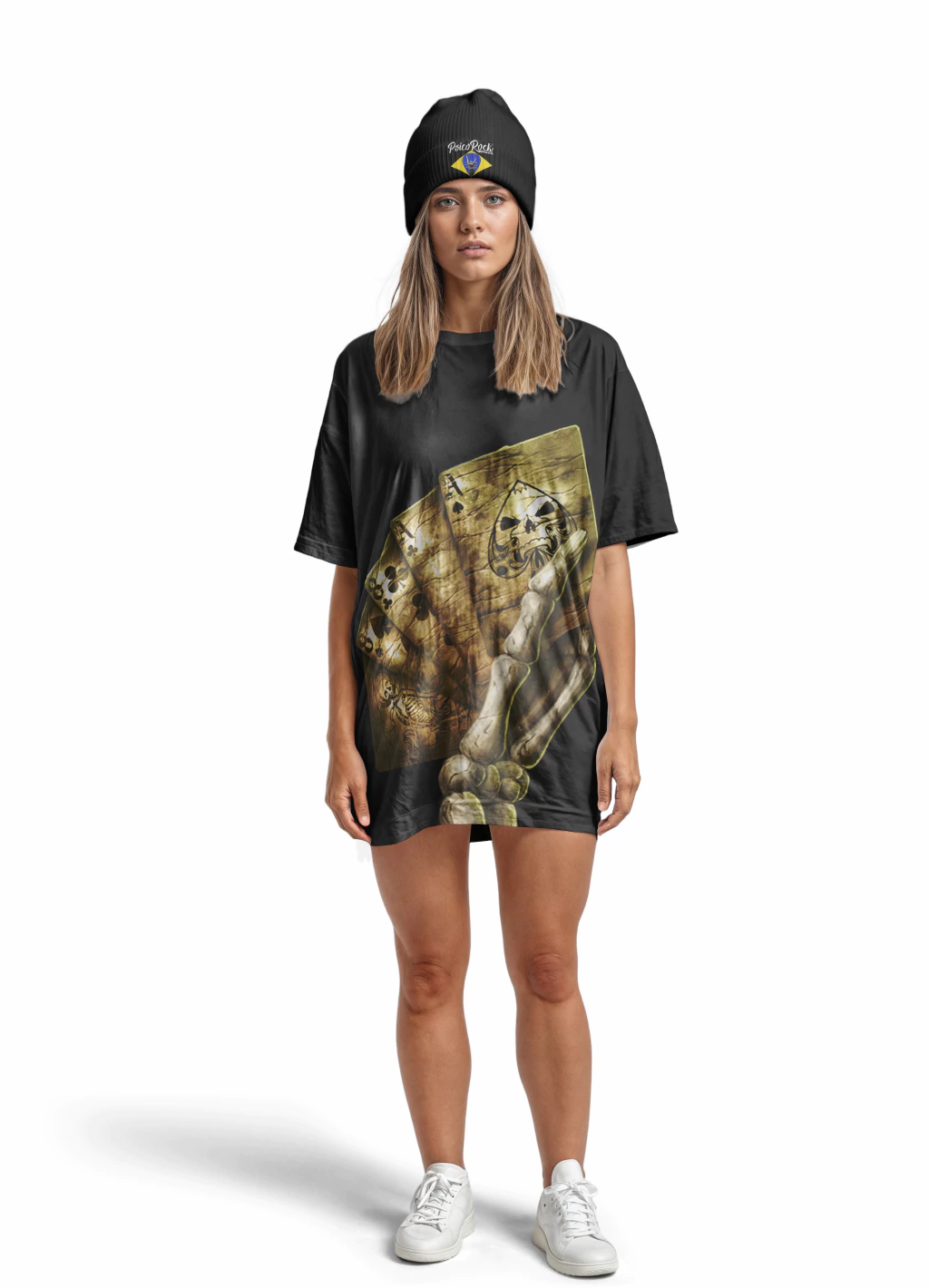 Camiseta Vestido T-shirt Oversized Feminino baralho az poker skull