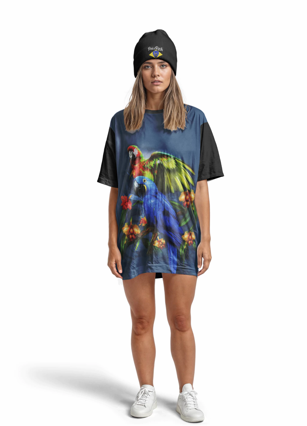 Camiseta Vestido T-shirt Oversized Feminino pássaro silvestre arara azul natureza