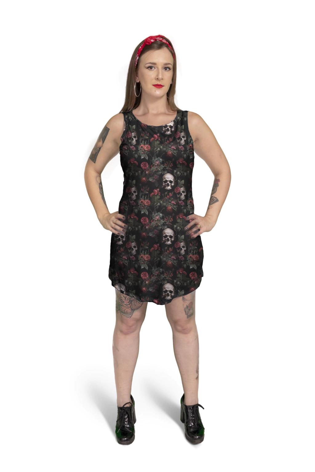 Vestido Curto Regata Caveiras Rosas Rock Gótico Punk Metal