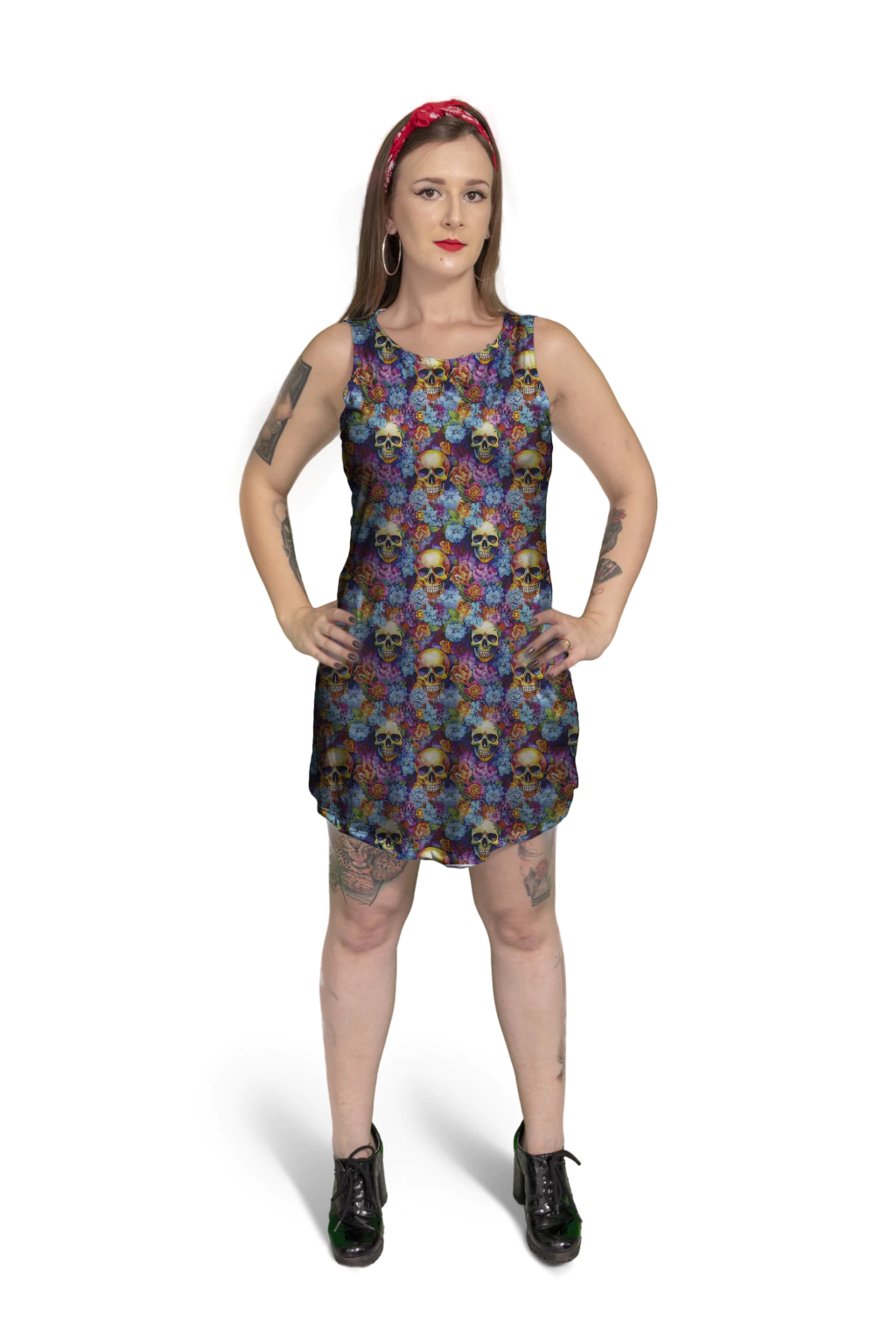 Vestido Curto Regata Caveiras Floral Rock Gótico Punk Metal