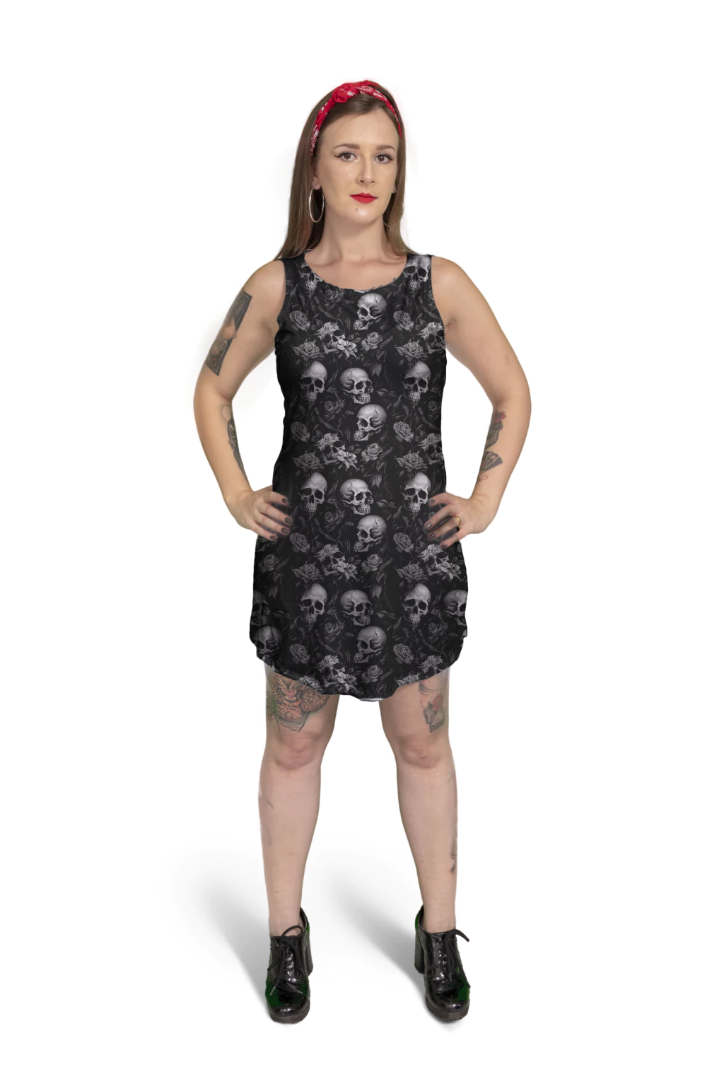Vestido Curto Regata Caveiras Floral Rock Gótico Punk Metal
