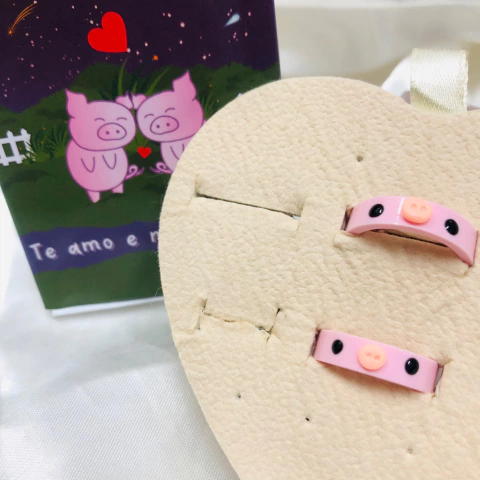 Conjunto Anéis de Porquinho - Te Amo e Não é Porco + Embalagem