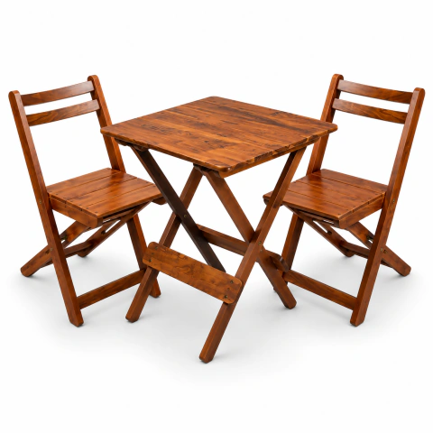 Conjunto Dobrável em Madeira Maciça Imbuia com Mesa 60 x 60 cm e 2 Cadeiras Ripadas