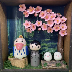 Quadro cenário kokeshi O menino e a garça