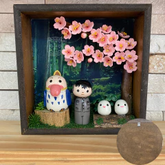 Quadro cenário kokeshi O menino e a garça - Kawaii PomPom Shop
