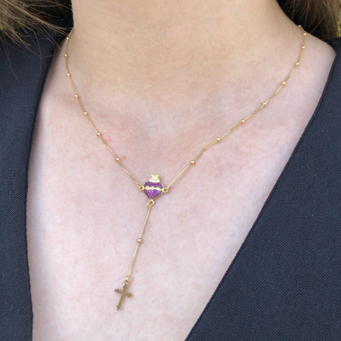 Terço de pescoço prata banhado a ouro sagrado coração