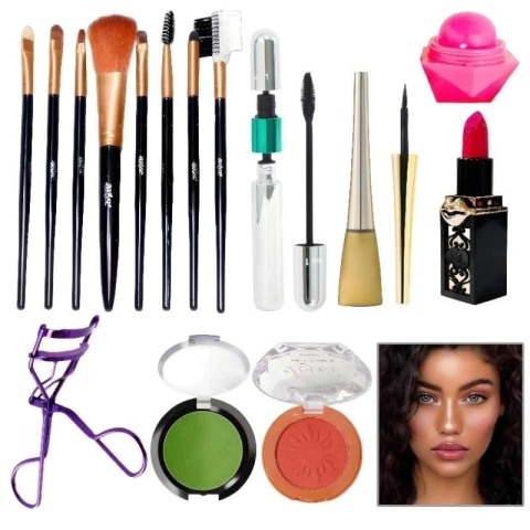Set De Make Up Brochas Labial Mascara Arqueador Rubor Sombra