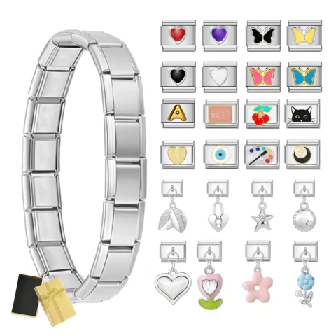 Pulsera Brazalete Plateada Para Mujer + 3 Dijes + Cajita