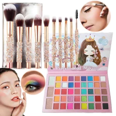 Kit Set 10 Brochas Mango Diamante Paleta 43 Colores Make Up