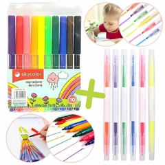 Kit Con 6 Resaltadores Doble Punta Y 10 Fibras De Colores