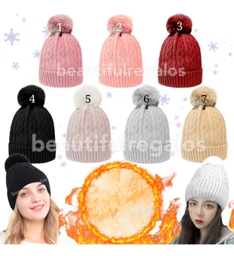 Gorro De Lana Tejido Mujer Pompon Abrigo Peluche Interno