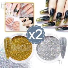 Polvo Brillo X2 Efecto Glitter Plateado Dorado Deco Uñas
