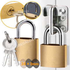 Candado Hierro Dorado 38mm + 3 Llaves Portón Puerta Reja