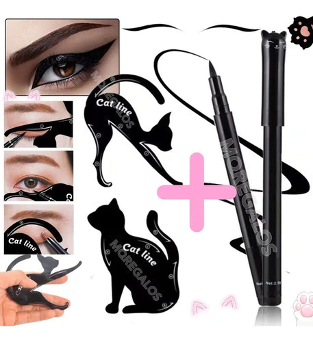 Lápiz Delineador Fibra De Ojos Negra + Stencil Gatitos