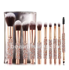 10 Brochas De Maquillaje Mango De Diamante Brillos + Estuche