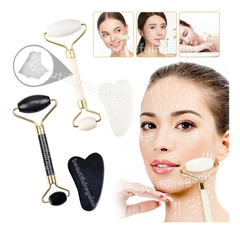 Rodillo Con Gua Sha Piedra Jade Masajeador Facial Corporal - M&Q REGALOS