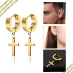 Par Aros Aritos Hombre Mujer Acero Quirúrgico Con Dije Cruz