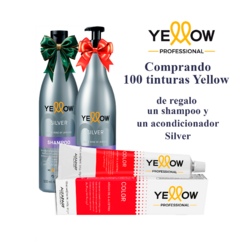 Imagen promocional de 100 tinturas Yellow con shampoo y acondicionador Silver, mostrando productos de cuidado capilar.