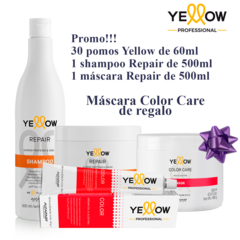 Imagen de productos de la promoción Yellow Professional Color, incluyendo shampoo Repair, máscara Repair y productos de coloración.