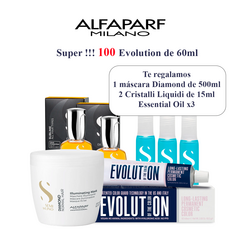 Productos de belleza Alfaparf Milano que incluyen la línea Evolution in The Color, Cristalli Liquidi y una máscara iluminadora Diamond.