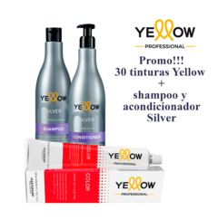 Promoción de 30 tinturas Yellow junto con shampoo y acondicionador Silver de la marca Yellow Professional.