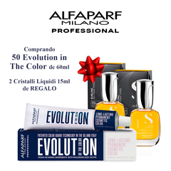 Promoción de 50 unidades de Evolution in The Color de 60ml con 2 Cristalli Liquidi de 15ml de regalo, presentada por Alfaparf Milano.