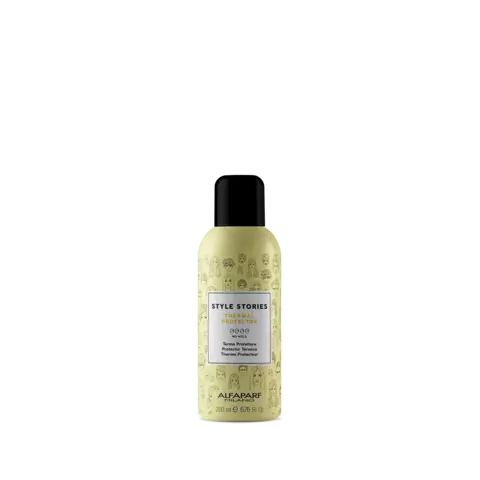 Envase del Escudo Termoactivo de 200ml de Alfaparf, con diseño amarillo y etiquetas en varios idiomas.