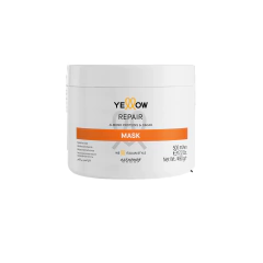 Envase del producto Yellow Professional Color, Repair y Color Care, que muestra una mascarilla para el cabello con proteínas de almendra y cacao en un tarro de 500 ml.