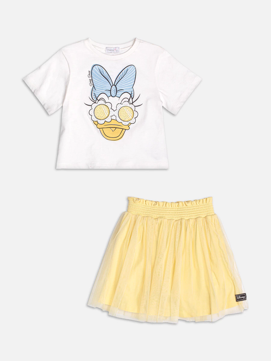 CONJUNTO BLUSA OFF DAISY E SAIA AMARELA DE TULE